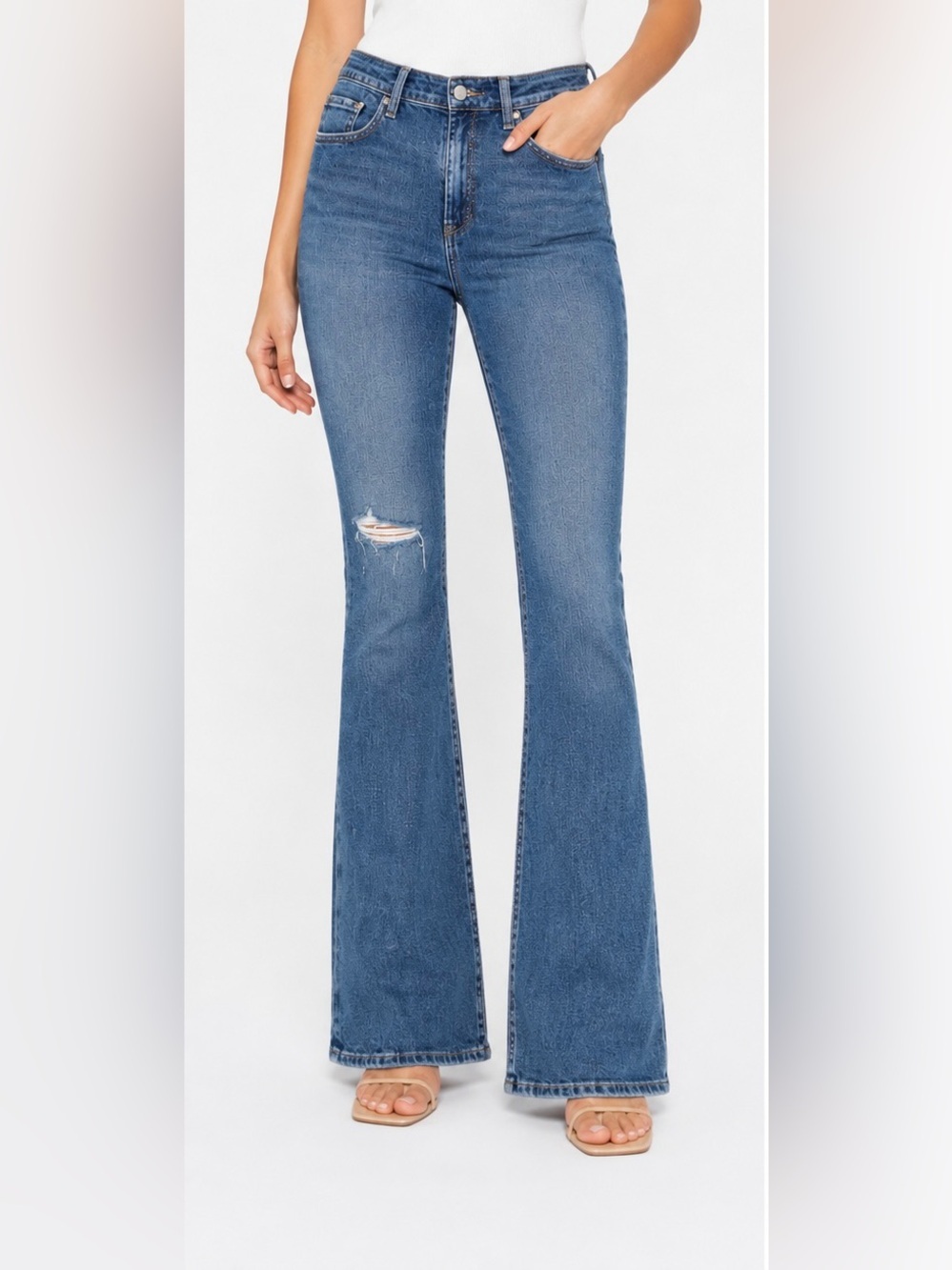 Pistola Size 30 Distressed Crop Flare Jeans High Rise Raw Hem Blue Denim